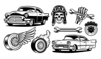 Set of black and white vector illustration auto parts