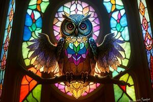 A Colorful Stained Glass Owl Artwork AI Generated photo
