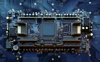 Board with chip and circuits, technology concept, digital illustration. Generative AI photo