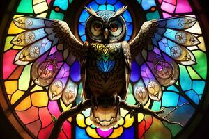 A Colorful Stained Glass Owl Artwork AI Generated photo