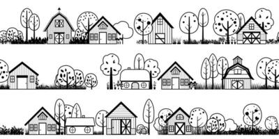 set of vector village detailed silhouettes. neighborhood houses, barn and trees black. suburb street community