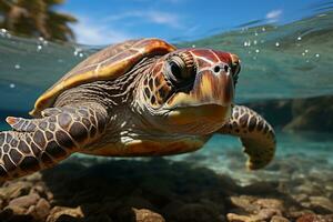 un mar Tortuga deambula sin prisa en el vasto océano. ai generativo foto