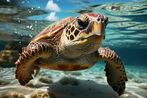 A sea turtle roams leisurely in the vast ocean. AI generative photo