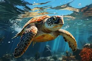 A sea turtle roams leisurely in the vast ocean. AI generative photo