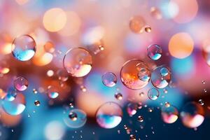 Bubbles background, bokeh light pink and blue. AI generative photo