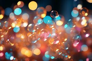 Bubbles background, bokeh light pink and blue. AI generative photo