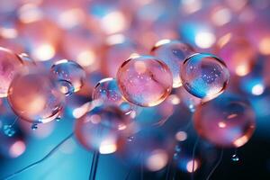 Bubbles background, bokeh light pink and blue. AI generative photo