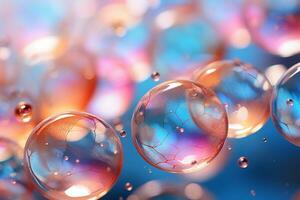 Bubbles background, bokeh light pink and blue. AI generative photo