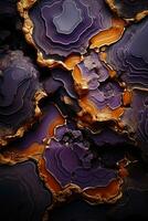 Abstract hypnotic illusion of gold lava over amethyst colors. AI generative photo