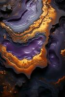 Abstract hypnotic illusion of gold lava over amethyst colors. AI generative photo