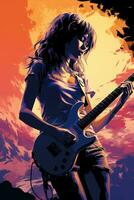 silueta de un 18 año antiguo chica, hembra rock cantante, jugar un eléctrico guitarra y cantar, frente, Clásico moda, moderno carteles ai generativo foto