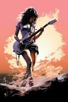 Silhouette of a 18 year old girl, Female rock singer, play a Electric Guitar and sing, front, vintage fashion, modern posters. AI generative photo