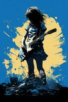 Silhouette of a 18 year old girl, Female rock singer, play a Electric Guitar and sing, front, vintage fashion, modern posters. AI generative photo