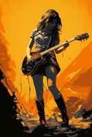 Silhouette of a 18 year old girl, Female rock singer, play a Electric Guitar and sing, front, vintage fashion, modern posters. AI generative photo