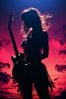 Silhouette of a 18 year old girl, Female rock singer, play a Electric Guitar and sing, front, vintage fashion, modern posters. AI generative photo