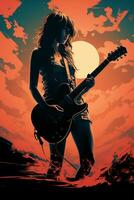 Silhouette of a 18 year old girl, Female rock singer, play a Electric Guitar and sing, front, vintage fashion, modern posters. AI generative photo