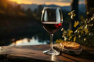 un vaso de Rico rojo vino se sentó en un rústico de madera mesa. ai generativo foto