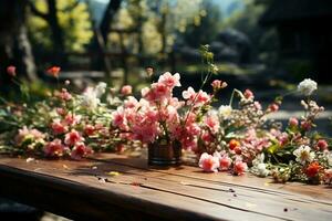 A wooden table with spring flowers and green grass. AI generative photo