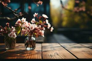 A wooden table with spring flowers and green grass. AI generative photo