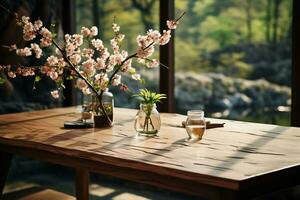 A wooden table with spring flowers and green grass. AI generative photo