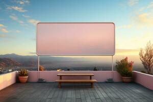 Against the backdrop of a sunrise, a blank advertising billboard anticipates the sun. AI generative photo