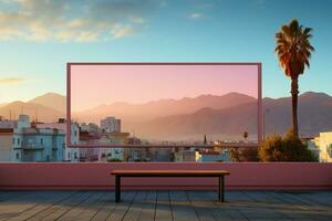 Against the backdrop of a sunrise, a blank advertising billboard anticipates the sun. AI generative photo