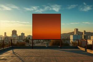 Against the backdrop of a sunrise, a blank advertising billboard anticipates the sun. AI generative photo