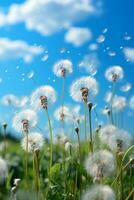 Dandelions were fluttering in the sky. AI generative photo