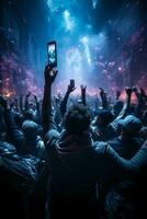 Stage lighting shining down from the top, many people holding their mobile phone flash, dancing in blue and purple. AI generative photo