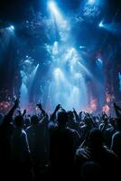 Stage lighting shining down from the top, many people holding their mobile phone flash, dancing in blue and purple. AI generative photo
