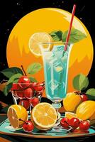 Poster of lemons, cocktails with lemons, mint. AI generative photo