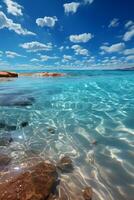 cielo azul agua, blanco arenoso playa. ai generativo foto