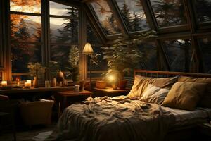 The window shade is pulled down halfway, allowing a soft, diffused light to filter into the room, creating a cozy atmosphere. AI generative photo