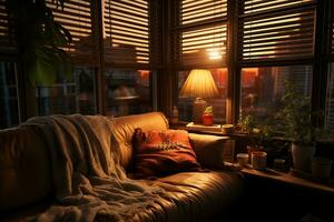 The window shade is pulled down halfway, allowing a soft, diffused light to filter into the room, creating a cozy atmosphere. AI generative photo