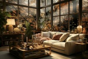 The window shade is pulled down halfway, allowing a soft, diffused light to filter into the room, creating a cozy atmosphere. AI generative photo