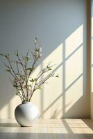 White studio wall, minimalist interior. AI generative photo