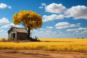 Yellow field, blue sky. AI generative photo