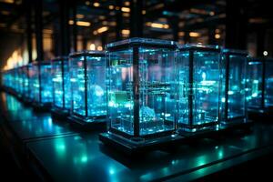 A row of black server racks, in the style of transparent layers, metallic rotation, digitally. AI generative photo