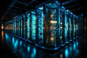 A row of black server racks, in the style of transparent layers, metallic rotation, digitally. AI generative photo