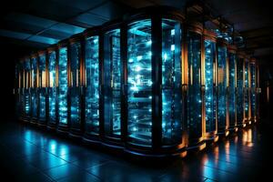 A row of black server racks, in the style of transparent layers, metallic rotation, digitally. AI generative photo