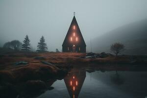 Professional landscape photography in the mystical fog landscape with a church. AI generative photo