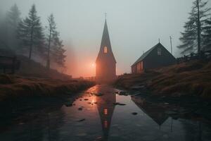 Professional landscape photography in the mystical fog landscape with a church. AI generative photo