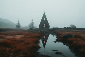Professional landscape photography in the mystical fog landscape with a church. AI generative photo