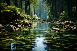 Spring forest nature landscape, beautiful spring stream, river rocks in mountain forest. AI generative photo