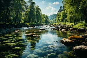 Spring forest nature landscape, beautiful spring stream, river rocks in mountain forest. AI generative photo