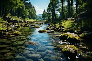 Spring forest nature landscape, beautiful spring stream, river rocks in mountain forest. AI generative photo
