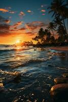un paradisíaco playa, con el Dom centrado a el más alto punto en el cielo, y algunos palma arboles ai generativo foto