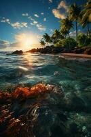 a paradisiacal beach, with the sun centered at the highest point in the sky, and some palm trees. AI generative photo