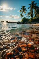 a paradisiacal beach, with the sun centered at the highest point in the sky, and some palm trees. AI generative photo