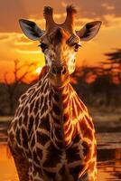 A giraffe forages on the savanna in Africa. AI generative photo